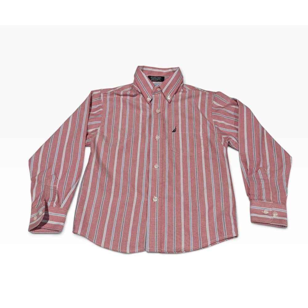 Nautica Boys Red White Striped Easy Care Oxford Button Down Shirt Size 7X